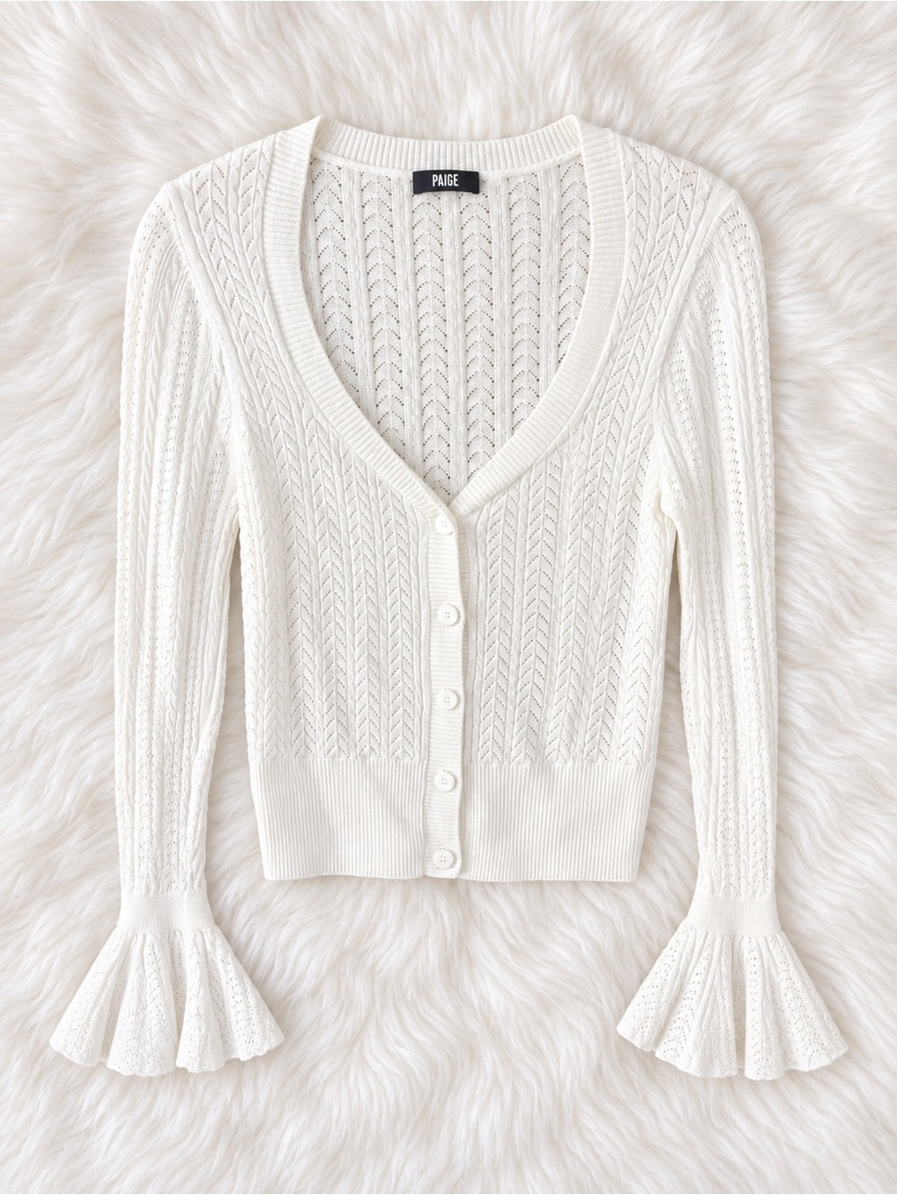 PAIGE Ivory V-Neck Knit Button Cardigan with Bell Cuffs